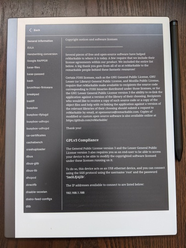 reMarkable settings screen showing IP address and password