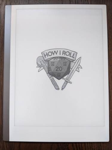 reMarkable lock screen: "how I roll" with a picture of a 20-sided die